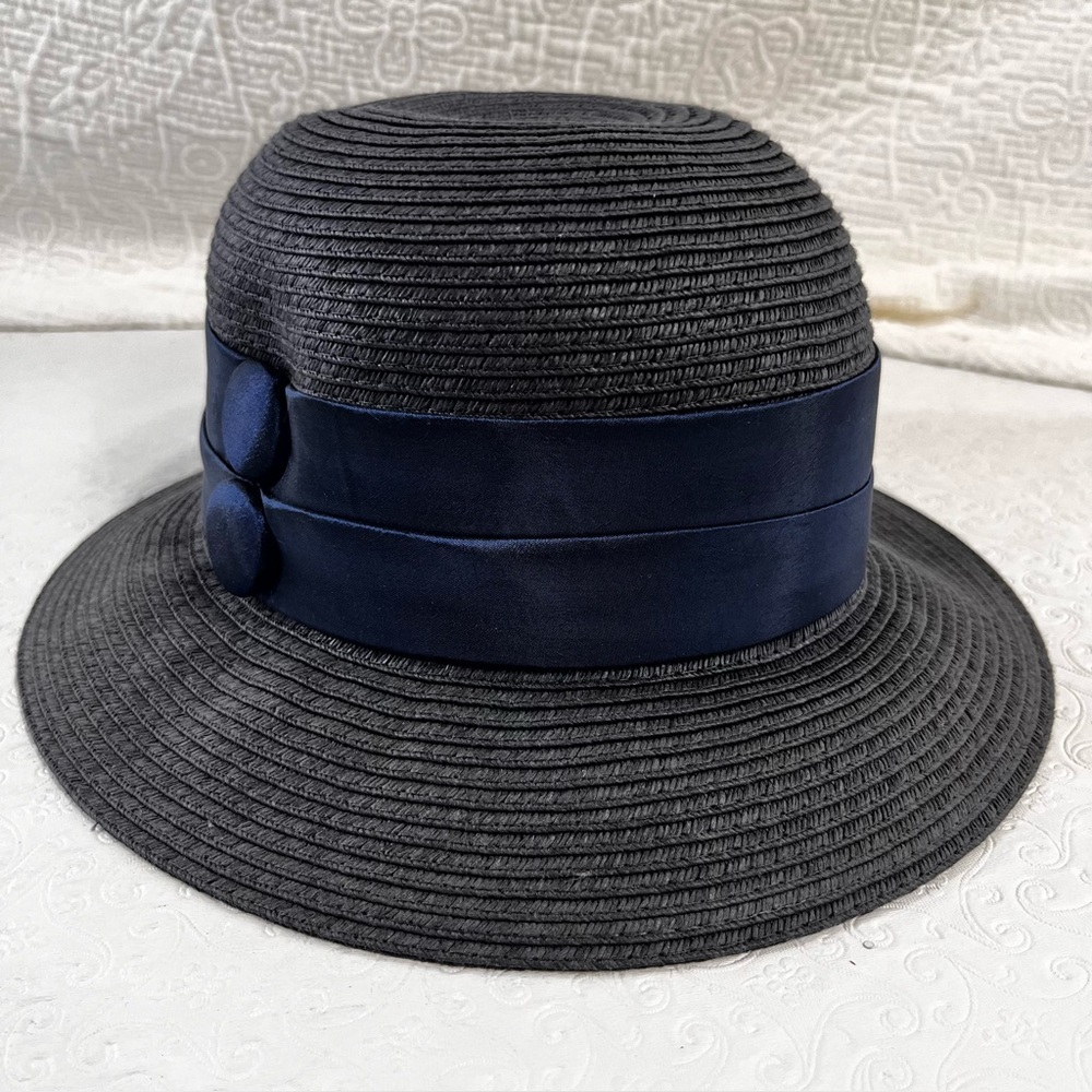 Vintage Toucan Collection New York Womens Navy Blue Jute Hat Button Band USA
